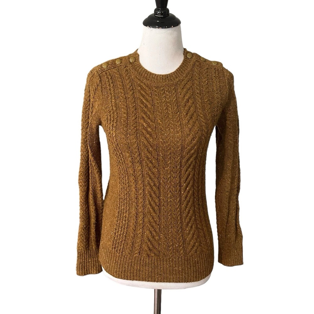 J Crew Cable Knit Sweater Women XXS‎ Gold Button Shoulder Tweed Brown Wool Blend